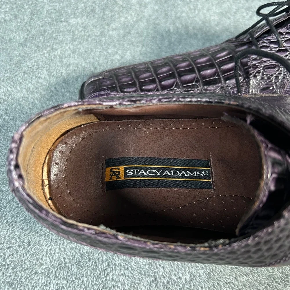 Stacy Adams Croc Embossed Derby Oxford Purple Leather Square Toe Shoes Mens 9.5M